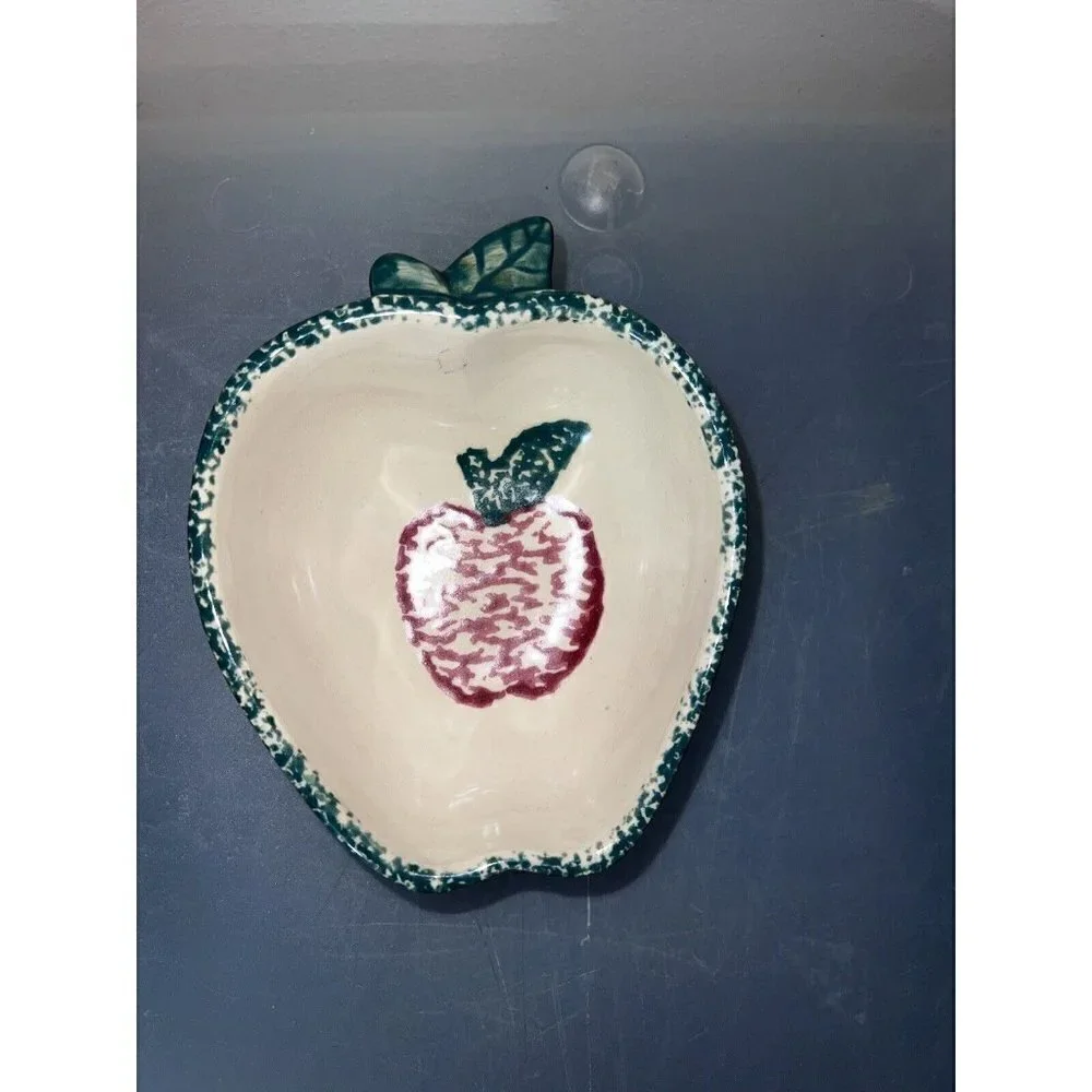 Ceramic Apple Bowl w/Spoon Condiment Serving Dish Spongeware Green & Red